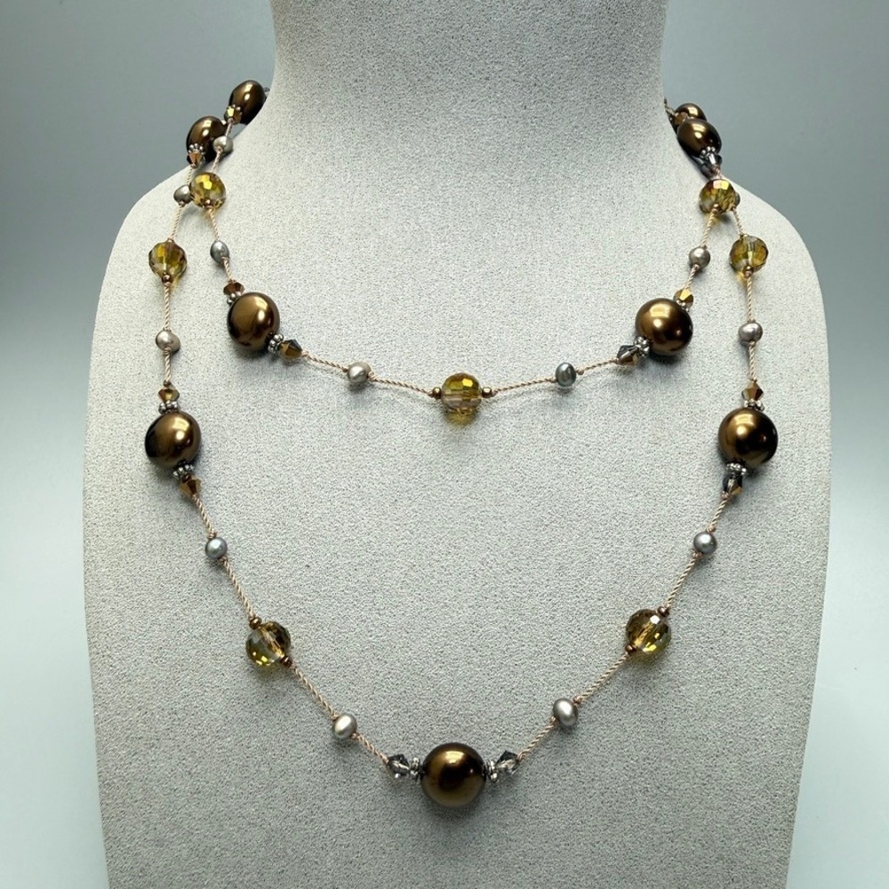 Dark Brown Faux Pearl Crystal Bead Cord Necklace 38" Opera Flapper Hand Knotted
